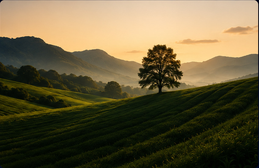 Sunlit green hills and a lone tree